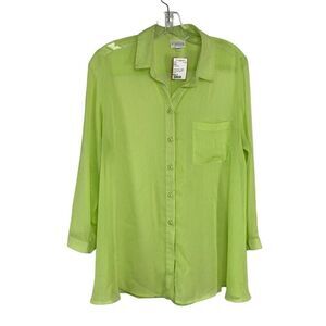 Staples S Sheer Green Button Down Top VTG Y2K Art To Wear Lagenlook Vacation